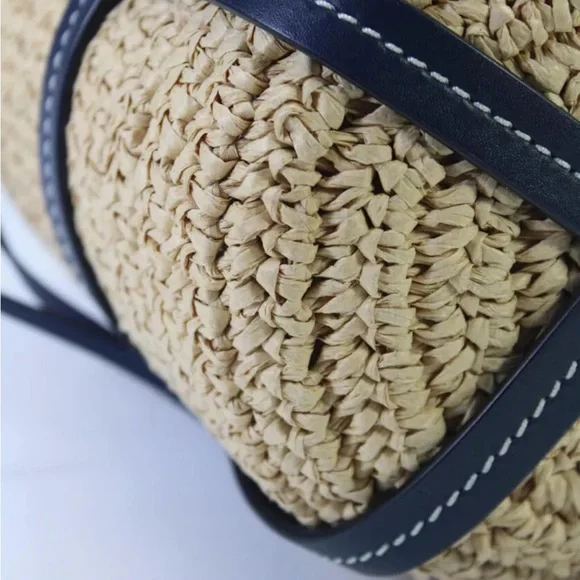 Tory Burch Leather Trim Basket Weave Drawstring Bucket Bag Blue - Picture 7 of 12